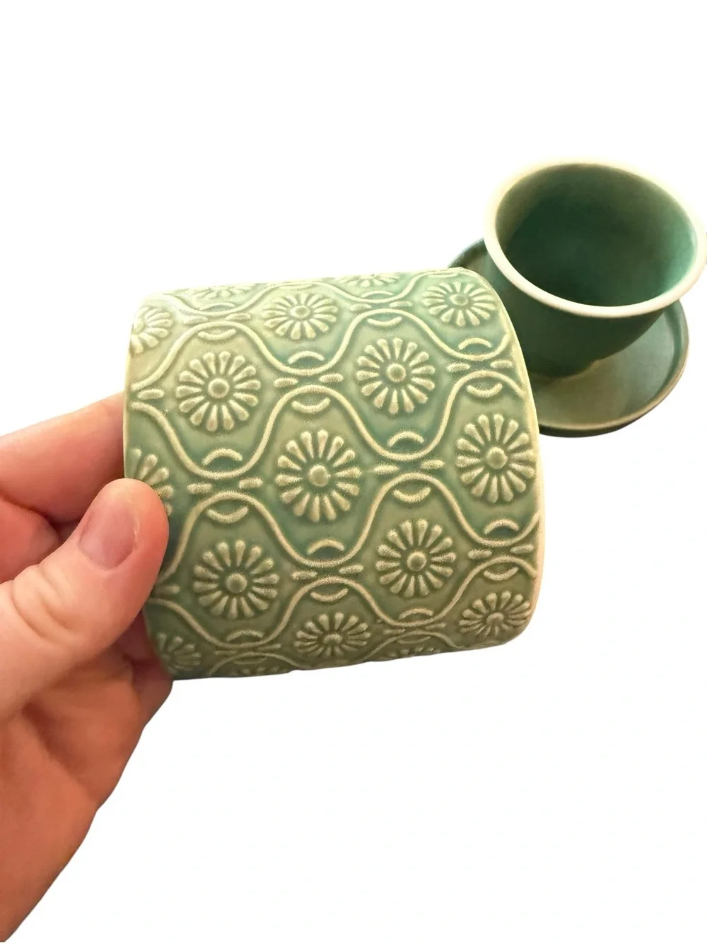 Vintage Style Sage Green Floral Ceramic Butter Bell Crock Farmhouse Cottage Kitc